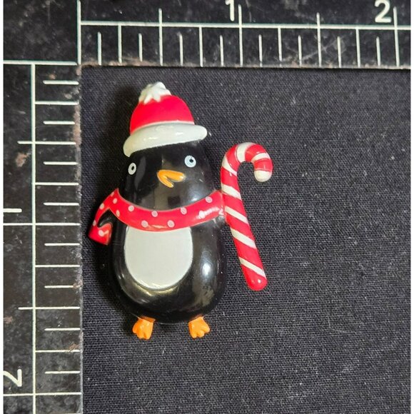 Vintage Plastic Penguin Holiday Brooch With Candy Cane & Red Scarf - Picture 2 of 5